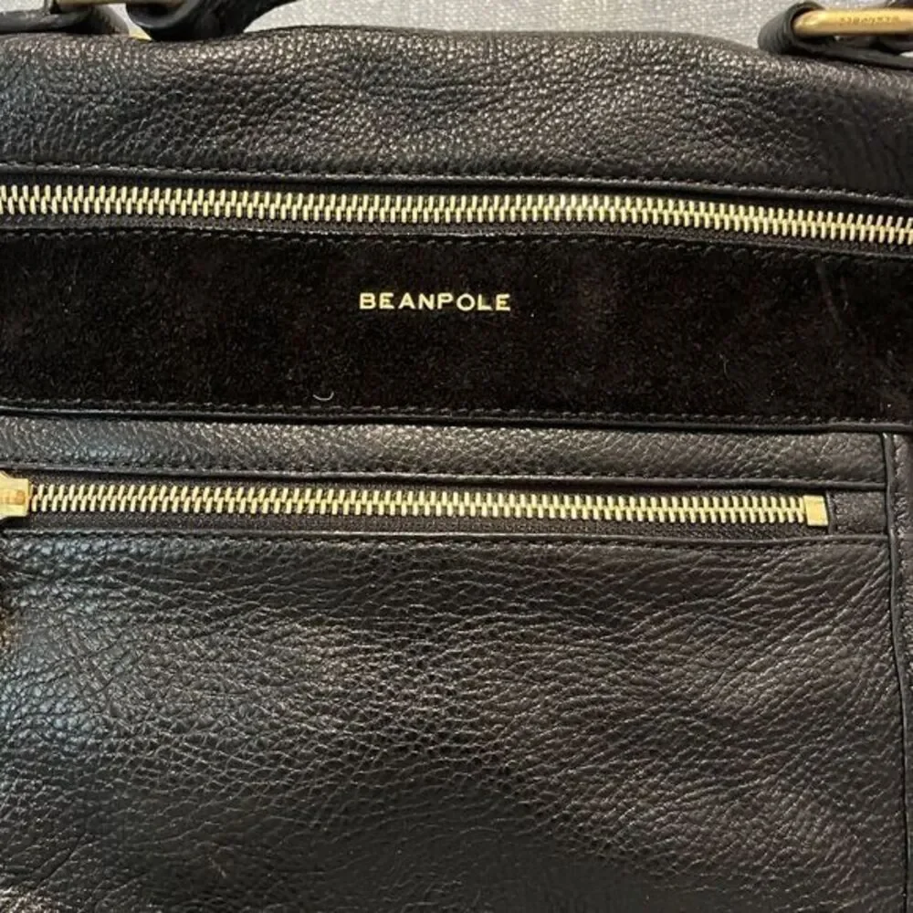 Beanpole Black‎ Pebbled Leather Satchel Crossbody Bag Gold Hardware Suede Trim